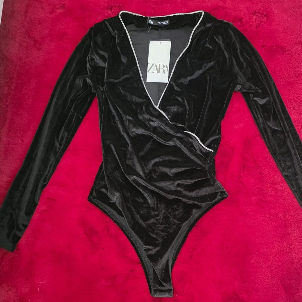 Zara Bodysuit M Black Velvet With Silver‎ Sparkle Trim Bloggers Fav Festive Days